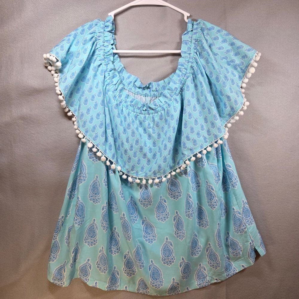 Crown & Ivy‎ Blue Paisley Pom Pom Off The Shoulder Ruffle Top XL Peasant Boho